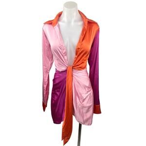 Fashion Nova Pink Orange Satin Plunge V Knot Colorblock Mini Sheath Dress Size S